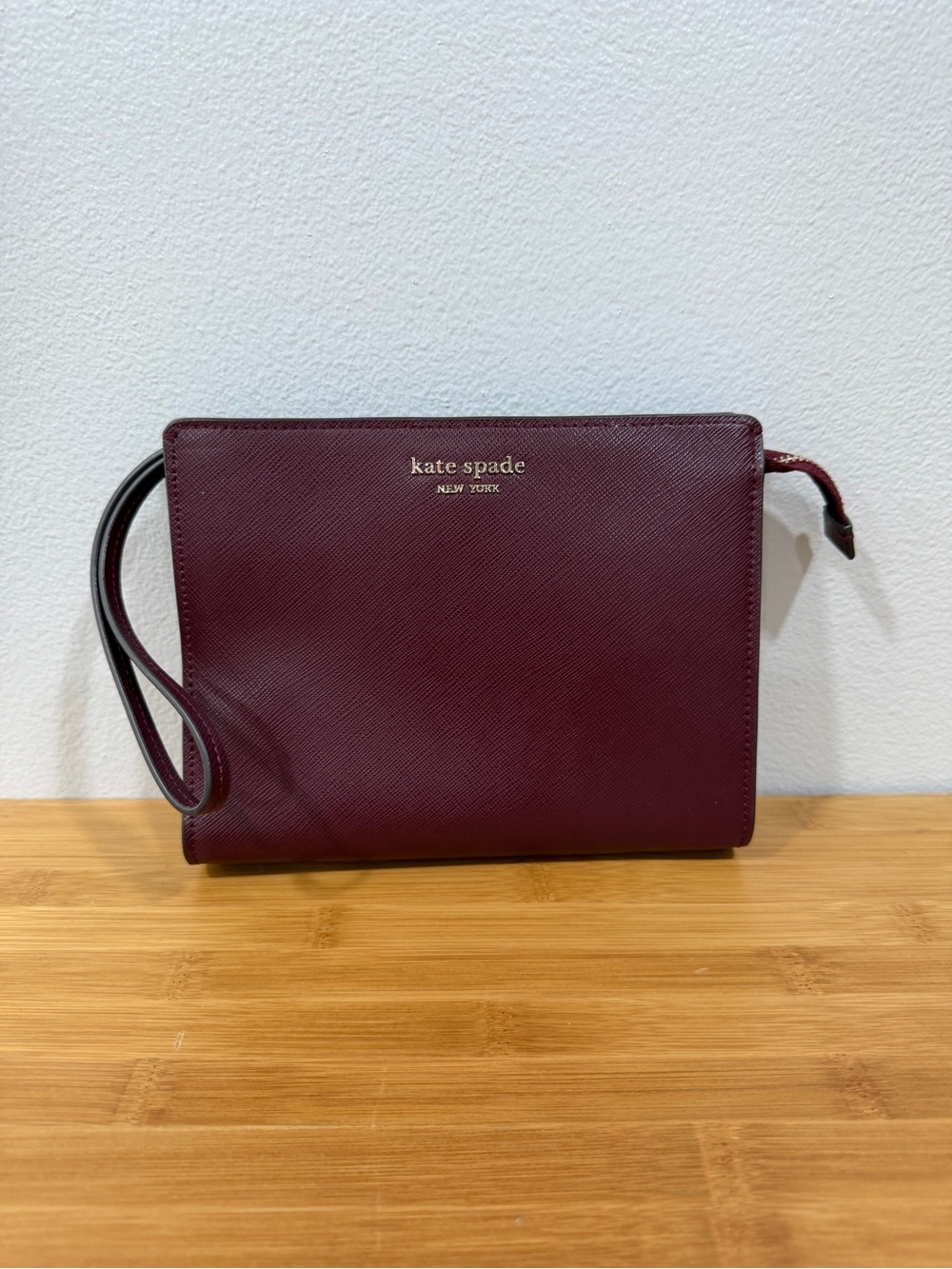 Kate Spade Burgundy Saffiano Leather Zip Wristlet Clutch Pouch
